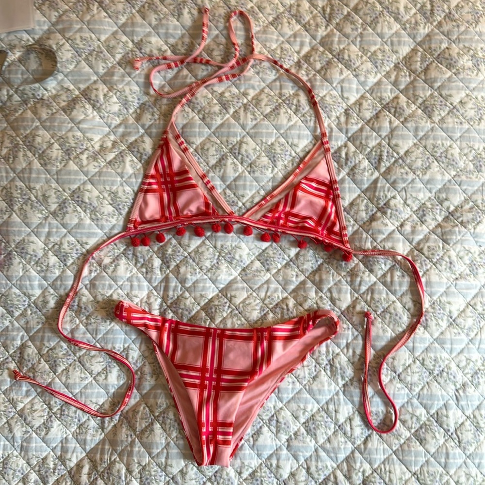 Tularosa Pink Plaid Triangle Bikini with Pom Trim